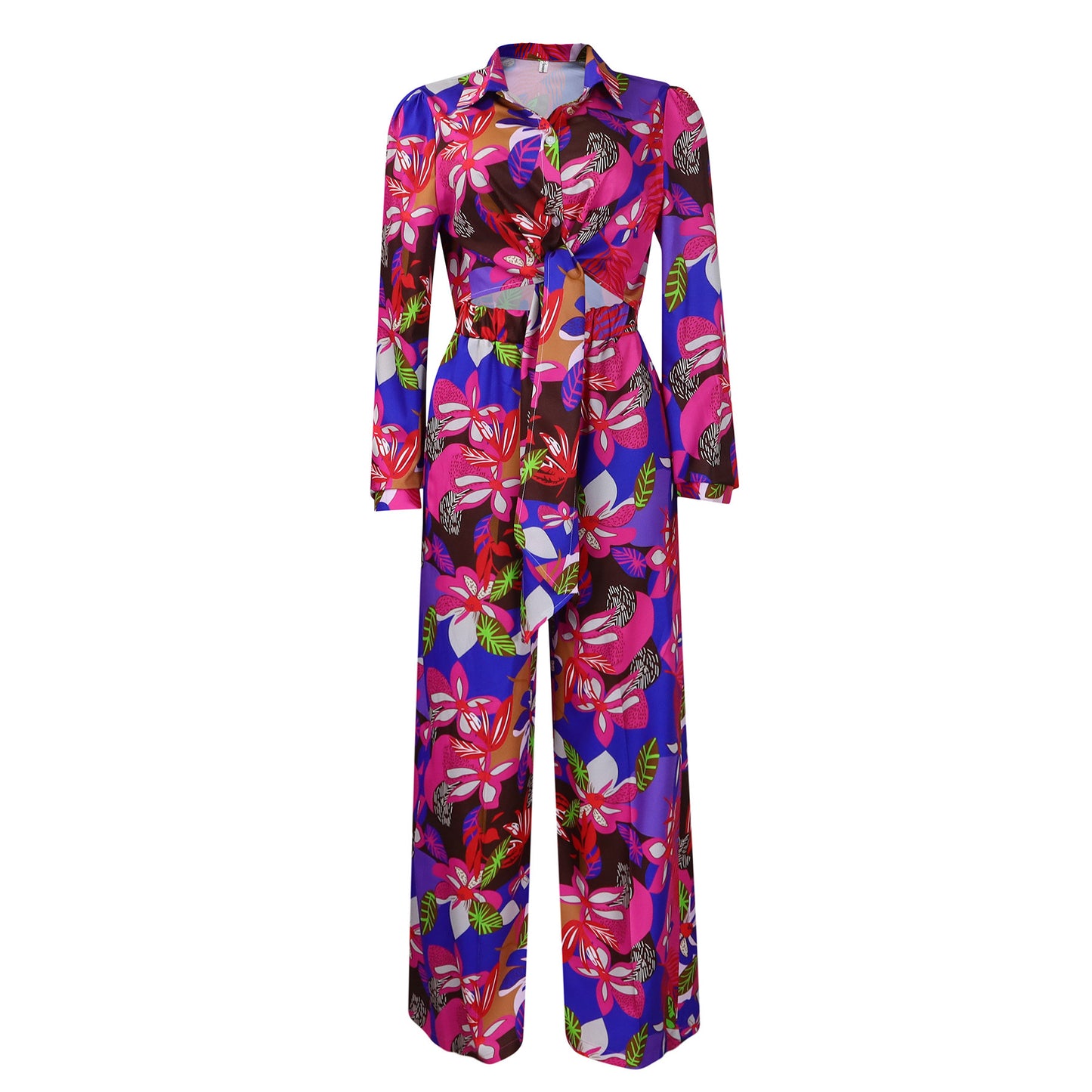 Lapel Lace-up Shirt Wide-leg Pants Suit