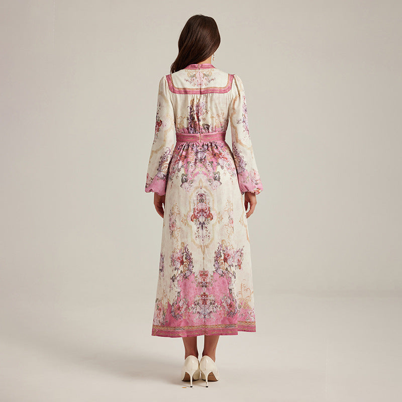 Special Interest Design Style V-neck Vintage Printed Maxi Dress For Women