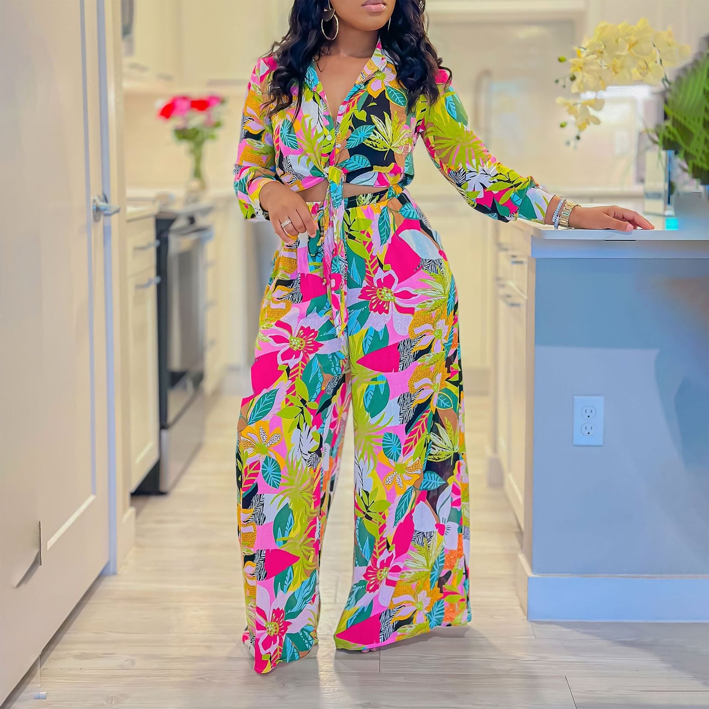 Lapel Lace-up Shirt Wide-leg Pants Suit
