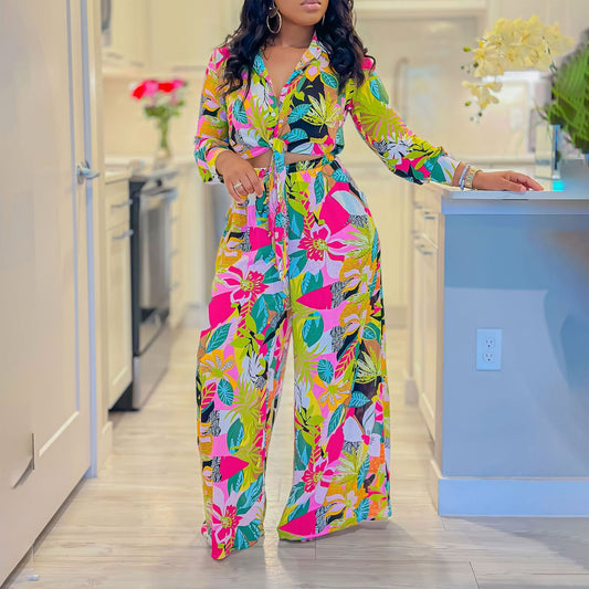 Lapel Lace-up Shirt Wide-leg Pants Suit