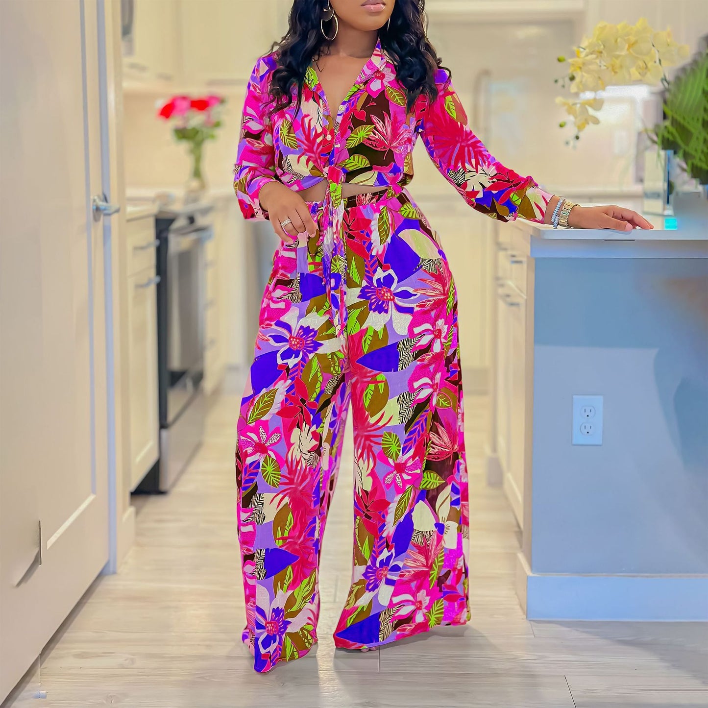 Lapel Lace-up Shirt Wide-leg Pants Suit