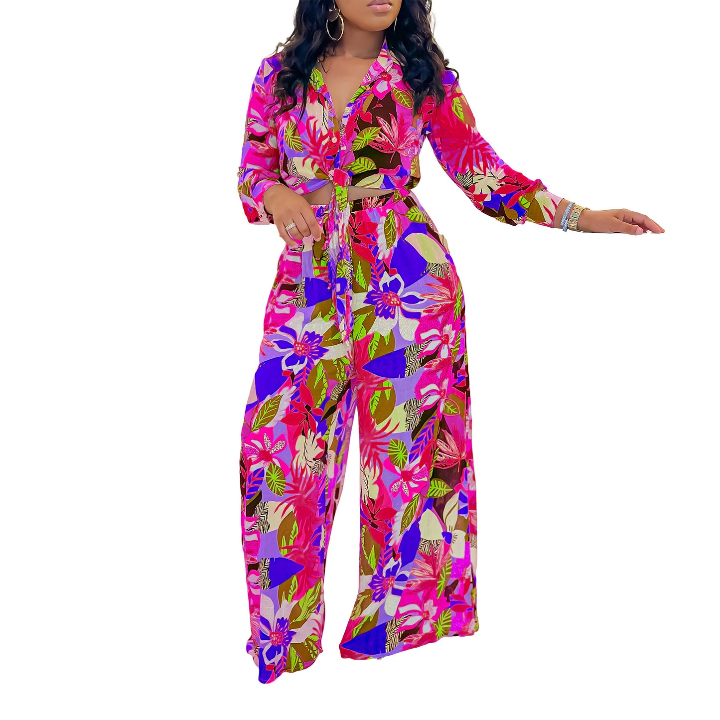 Lapel Lace-up Shirt Wide-leg Pants Suit