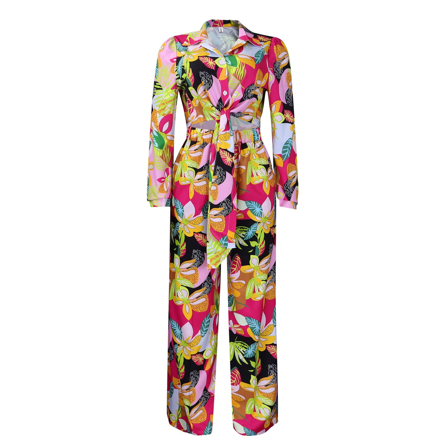 Lapel Lace-up Shirt Wide-leg Pants Suit